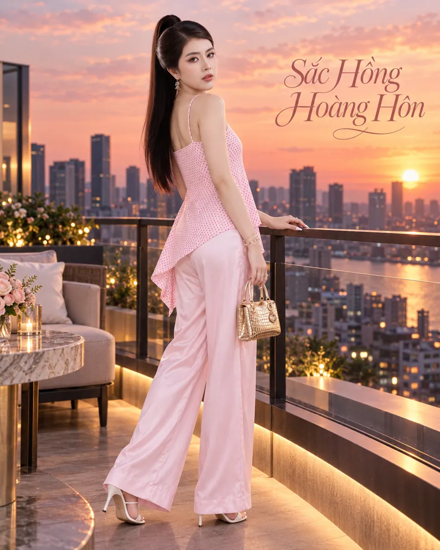 Set Áo Dây Tà Xéo Hồng Phối Quần Dài