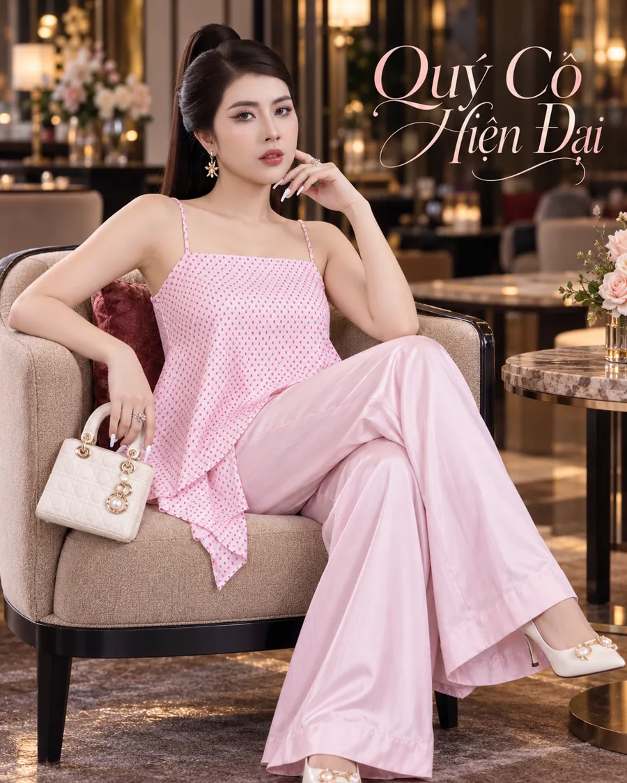 Set Áo Dây Tà Xéo Hồng Phối Quần Dài — ảnh 2