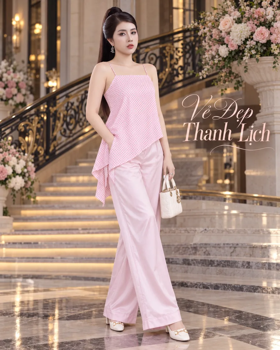 Set Áo Dây Tà Xéo Hồng Phối Quần Dài — ảnh 3