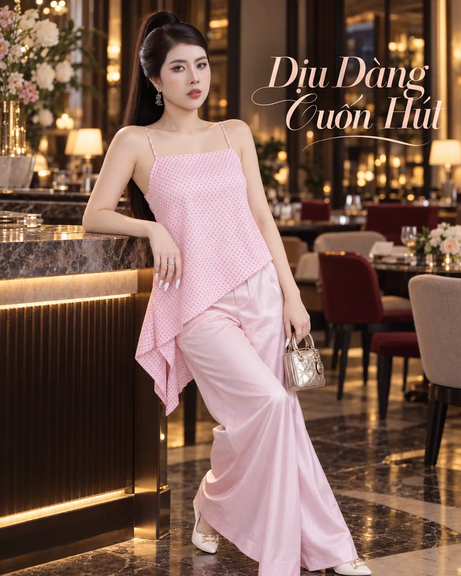 Set Áo Dây Tà Xéo Hồng Phối Quần Dài — ảnh 4